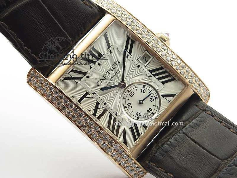 Tank MC JF Best Edition RG White Textured Dial Diamond Bezel On Brown Leather Strap A23J Cal