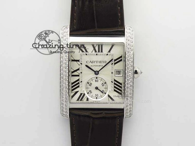 Tank MC JF Best Edition SS White Textured Dial Diamond Bezel On Brown Leather Strap A23J Cal