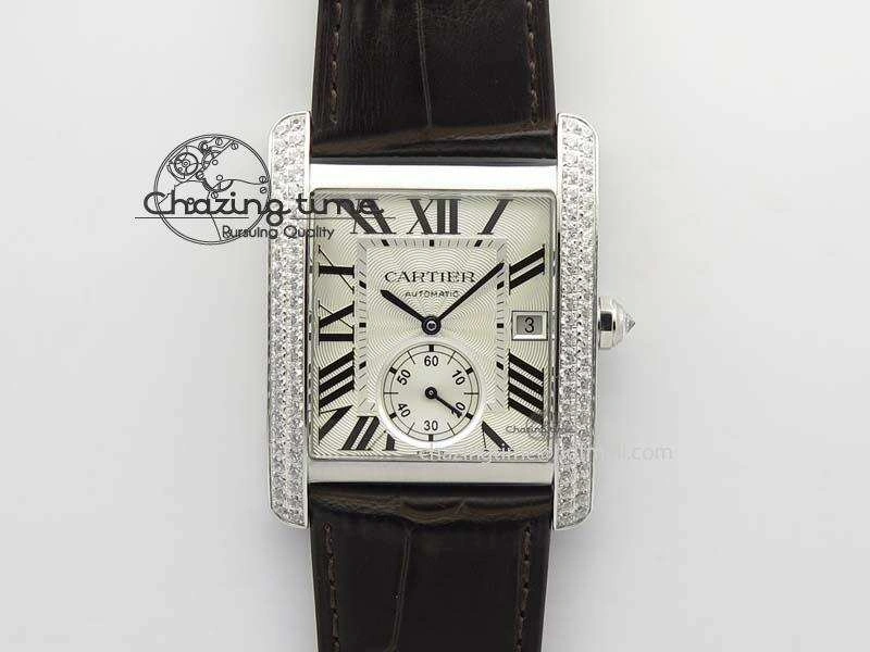 Tank MC JF Best Edition SS White Textured Dial Diamond Bezel On Brown Leather Strap A23J Cal