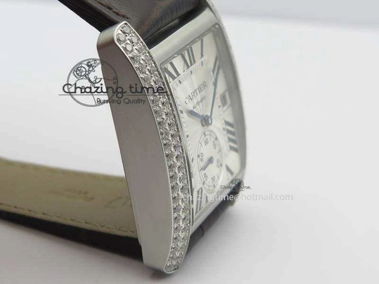 Tank MC JF Best Edition SS White Textured Dial Diamond Bezel On Brown Leather Strap A23J Cal