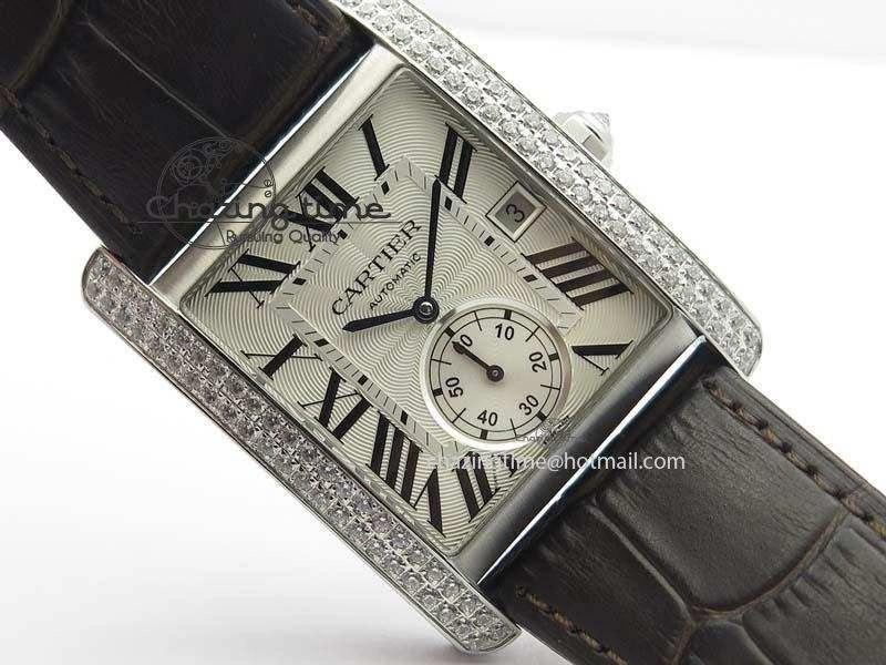Tank MC JF Best Edition SS White Textured Dial Diamond Bezel On Brown Leather Strap A23J Cal