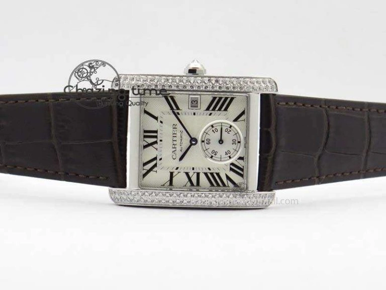 Tank MC JF Best Edition SS White Textured Dial Diamond Bezel On Brown Leather Strap A23J Cal