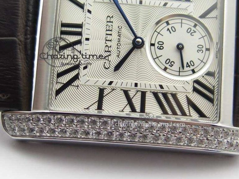 Tank MC JF Best Edition SS White Textured Dial Diamond Bezel On Brown Leather Strap A23J Cal
