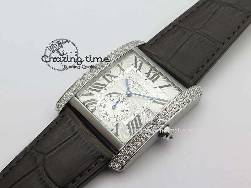 Tank MC JF Best Edition SS White Textured Dial Diamond Bezel On Brown Leather Strap A23J Cal