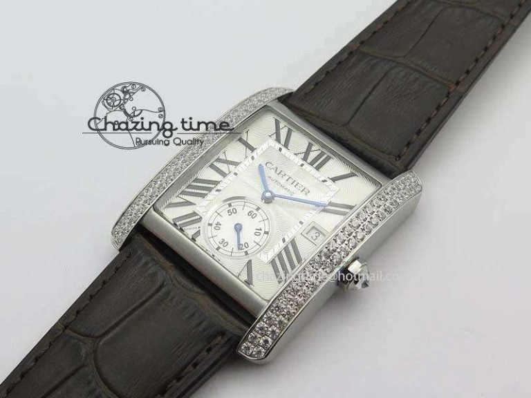 Tank MC JF Best Edition SS White Textured Dial Diamond Bezel On Brown Leather Strap A23J Cal