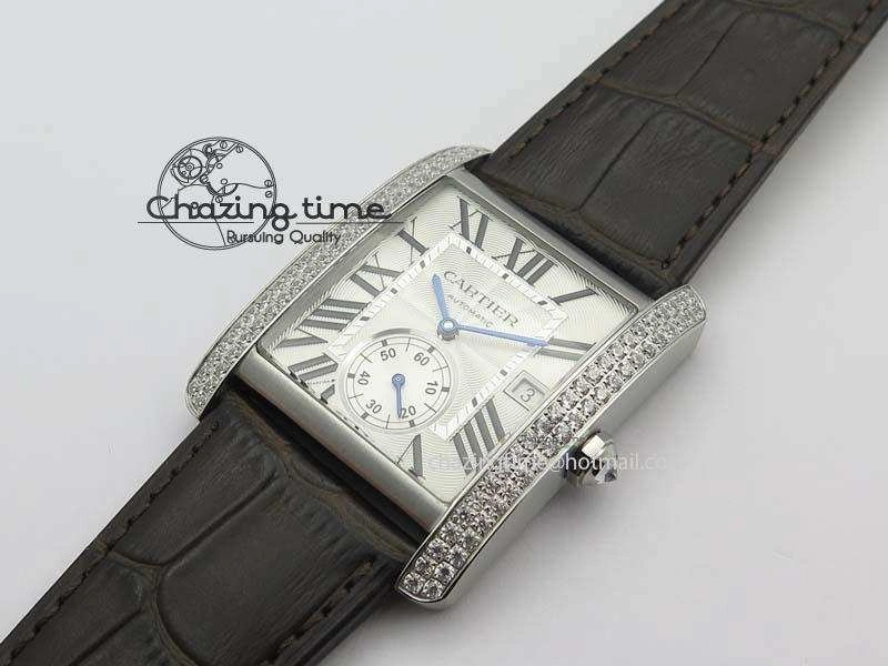 Tank MC JF Best Edition SS White Textured Dial Diamond Bezel On Brown Leather Strap A23J Cal