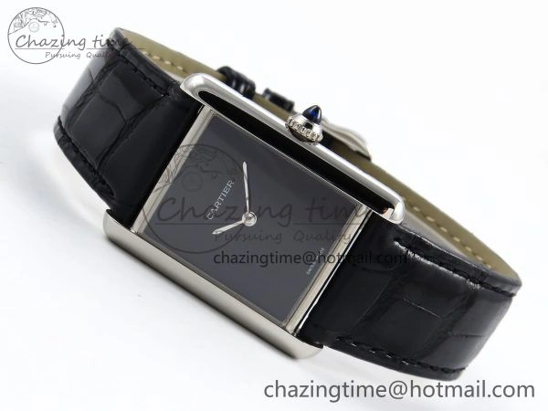 Tank Must Large SS 33.7mm DRF 1:1 Best Edition Black Dial on Black Leather Strap Swiss Quartz