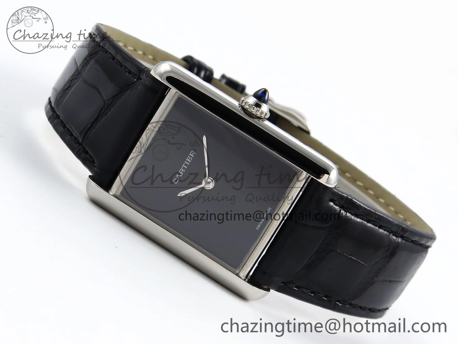 Tank Must Large SS 33.7mm DRF 1:1 Best Edition Black Dial on Black Leather Strap Swiss Quartz