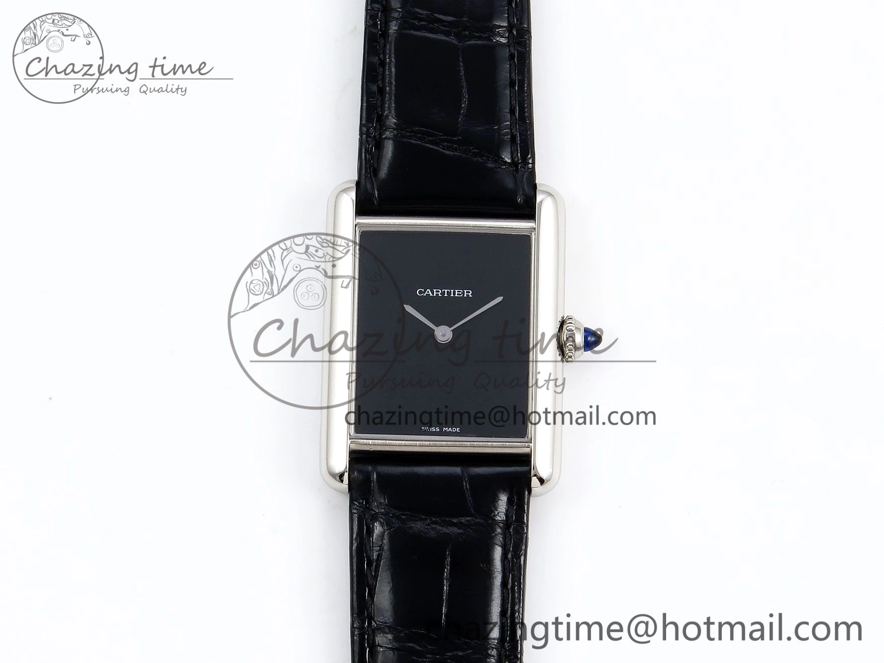 Tank Must Large SS 33.7mm DRF 1:1 Best Edition Black Dial on Black Leather Strap Swiss Quartz