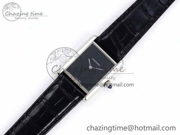 Tank Must Large SS 33.7mm DRF 1:1 Best Edition Black Dial on Black Leather Strap Swiss Quartz
