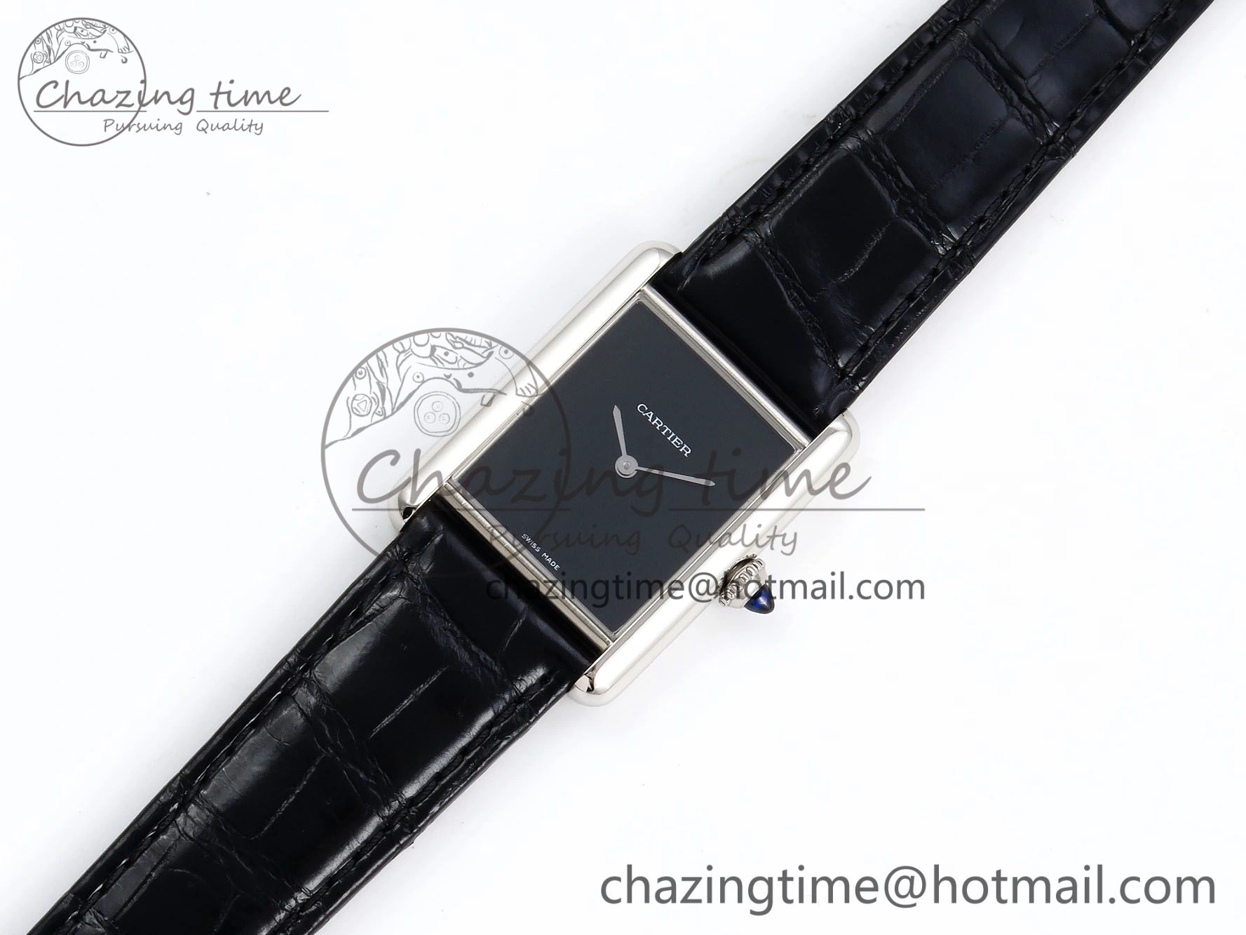 Tank Must Large SS 33.7mm DRF 1:1 Best Edition Black Dial on Black Leather Strap Swiss Quartz