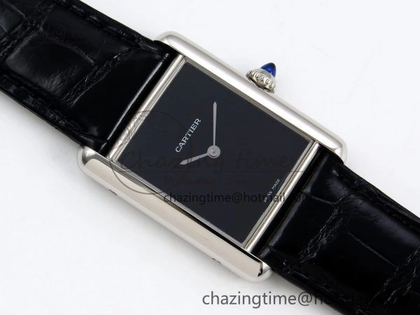 Tank Must Large SS 33.7mm DRF 1:1 Best Edition Black Dial on Black Leather Strap Swiss Quartz