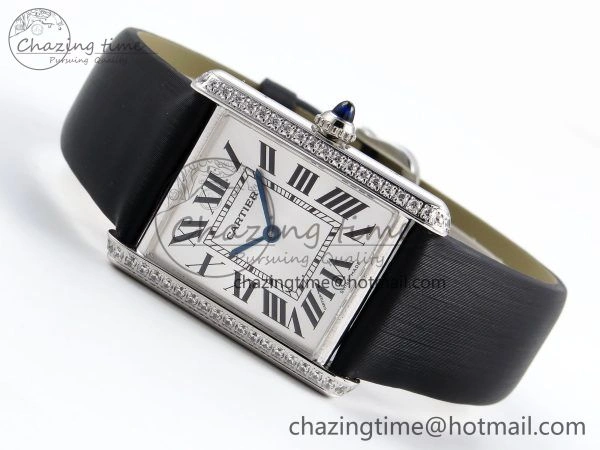 Tank Must Large SS 33.7mm DRF 1:1 Best Edition White Dial Diamonds Bezel on Black Calfskin Strap Swiss Quartz
