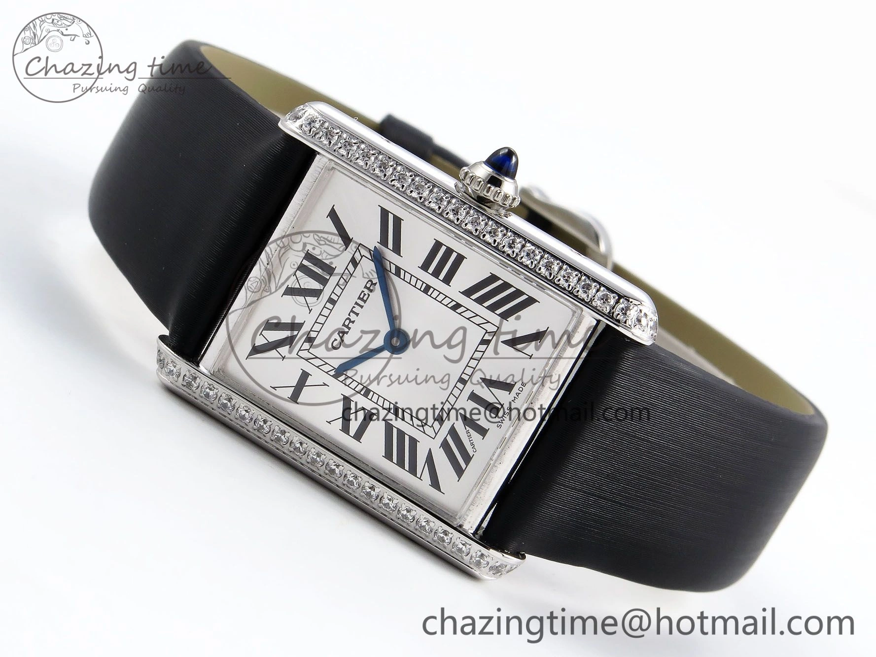 Tank Must Large SS 33.7mm DRF 1:1 Best Edition White Dial Diamonds Bezel on Black Calfskin Strap Swiss Quartz