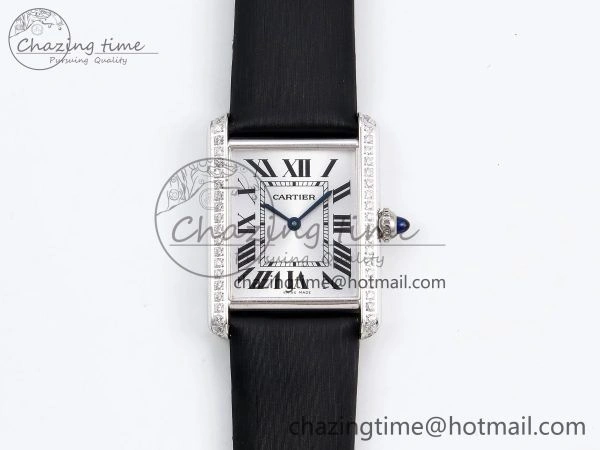 Tank Must Large SS 33.7mm DRF 1:1 Best Edition White Dial Diamonds Bezel on Black Calfskin Strap Swiss Quartz
