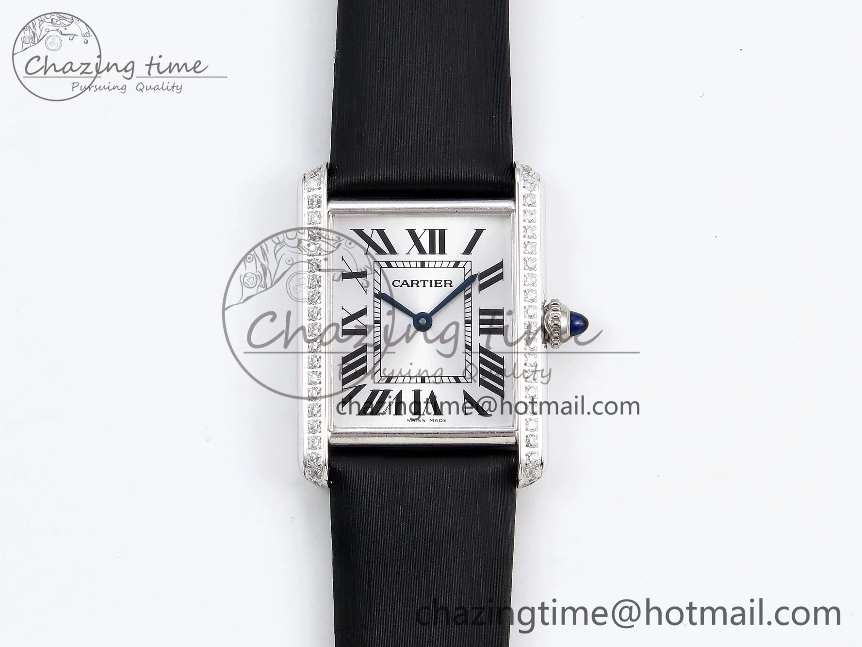 Tank Must Large SS 33.7mm DRF 1:1 Best Edition White Dial Diamonds Bezel on Black Calfskin Strap Swiss Quartz