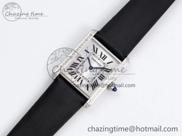 Tank Must Large SS 33.7mm DRF 1:1 Best Edition White Dial Diamonds Bezel on Black Calfskin Strap Swiss Quartz