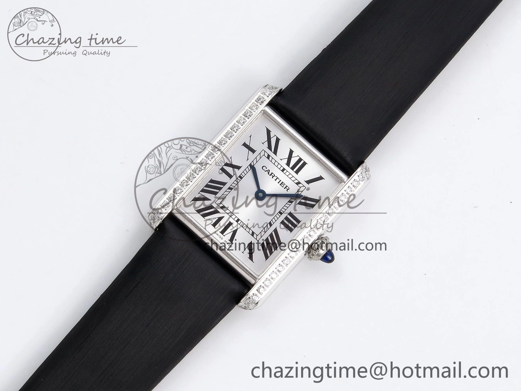 Tank Must Large SS 33.7mm DRF 1:1 Best Edition White Dial Diamonds Bezel on Black Calfskin Strap Swiss Quartz