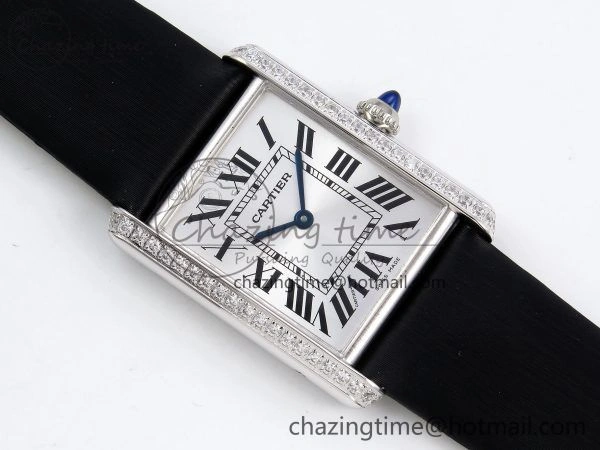 Tank Must Large SS 33.7mm DRF 1:1 Best Edition White Dial Diamonds Bezel on Black Calfskin Strap Swiss Quartz