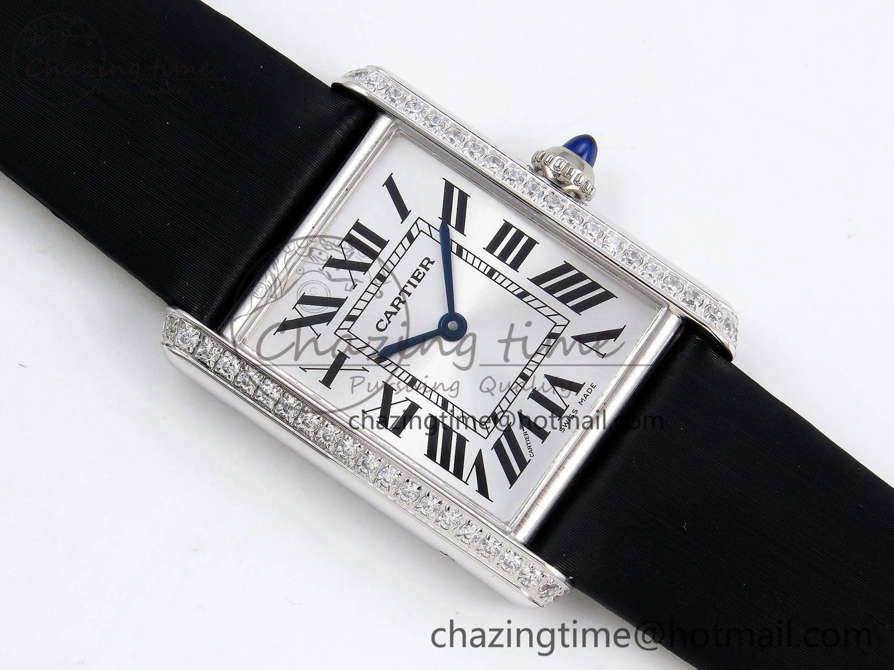 Tank Must Large SS 33.7mm DRF 1:1 Best Edition White Dial Diamonds Bezel on Black Calfskin Strap Swiss Quartz