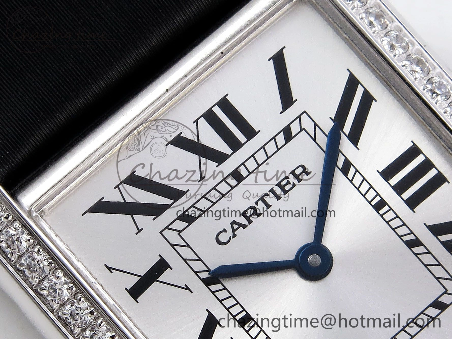 Tank Must Large SS 33.7mm DRF 1:1 Best Edition White Dial Diamonds Bezel on Black Calfskin Strap Swiss Quartz