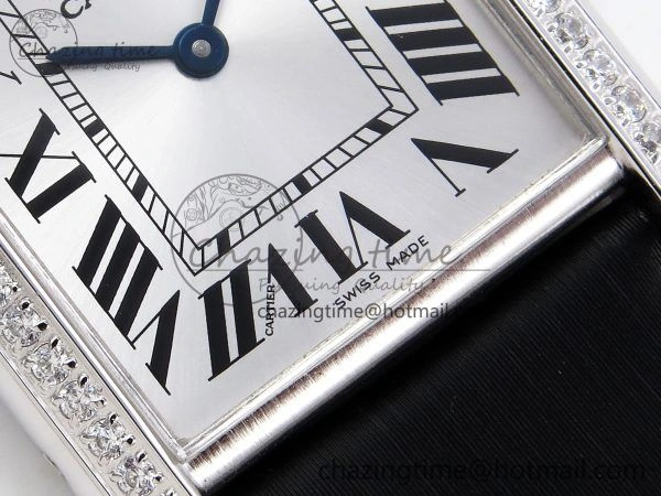 Tank Must Large SS 33.7mm DRF 1:1 Best Edition White Dial Diamonds Bezel on Black Calfskin Strap Swiss Quartz