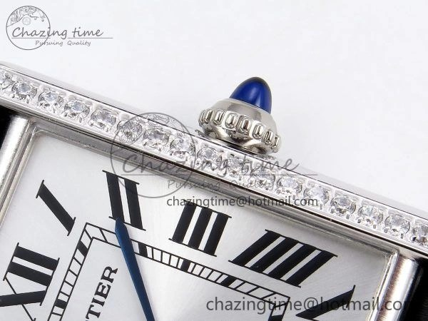Tank Must Large SS 33.7mm DRF 1:1 Best Edition White Dial Diamonds Bezel on Black Calfskin Strap Swiss Quartz