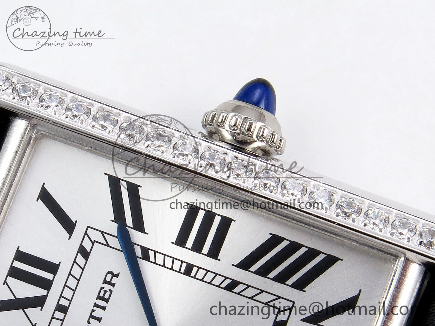 Tank Must Large SS 33.7mm DRF 1:1 Best Edition White Dial Diamonds Bezel on Black Calfskin Strap Swiss Quartz