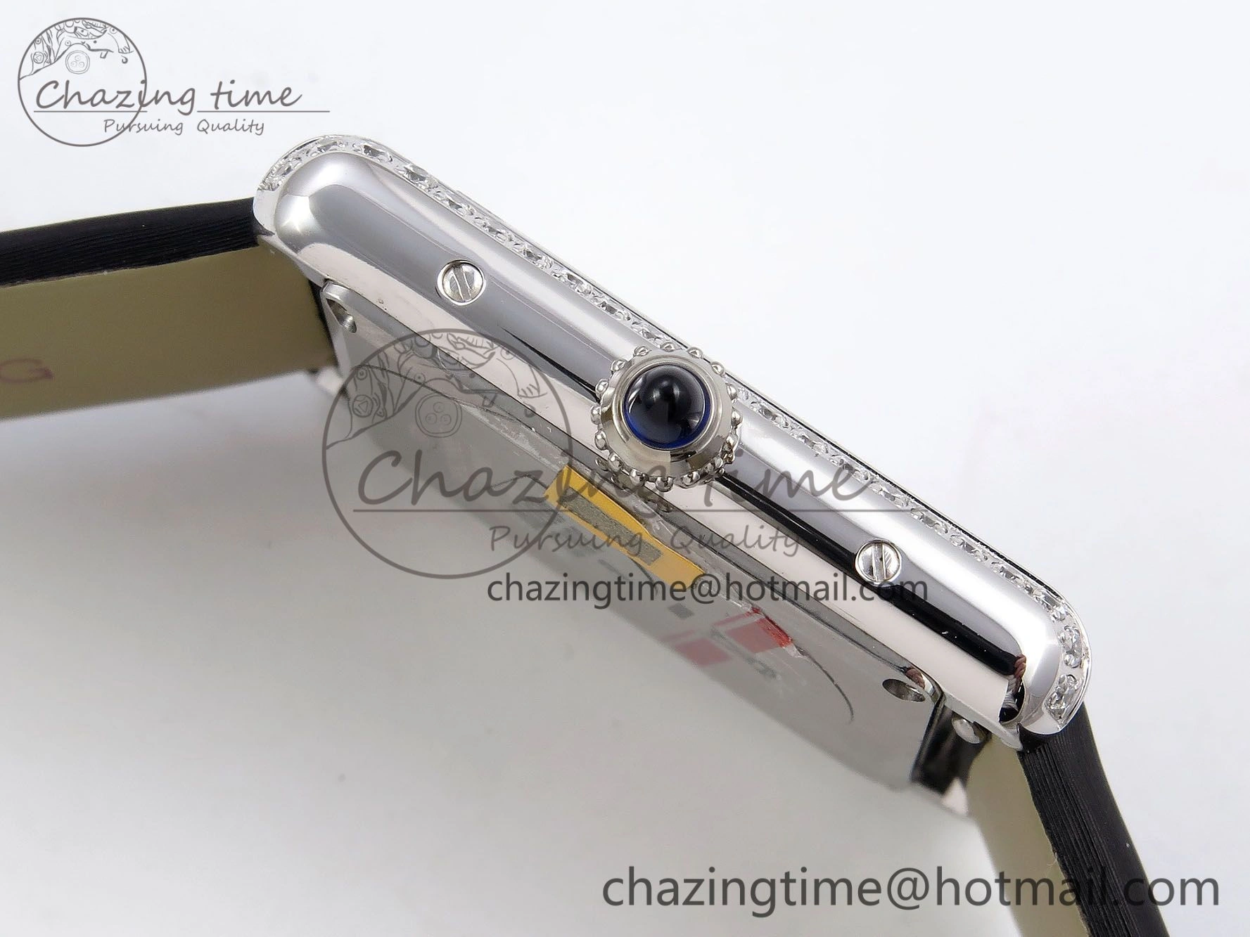 Tank Must Large SS 33.7mm DRF 1:1 Best Edition White Dial Diamonds Bezel on Black Calfskin Strap Swiss Quartz