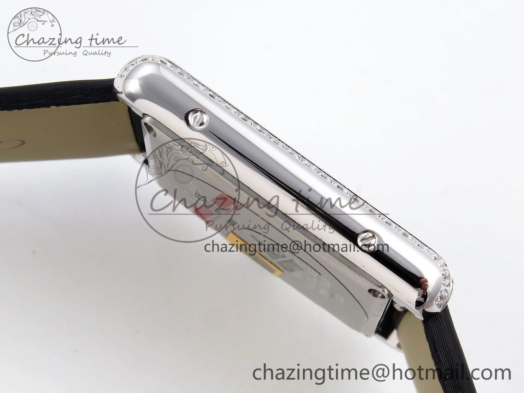 Tank Must Large SS 33.7mm DRF 1:1 Best Edition White Dial Diamonds Bezel on Black Calfskin Strap Swiss Quartz