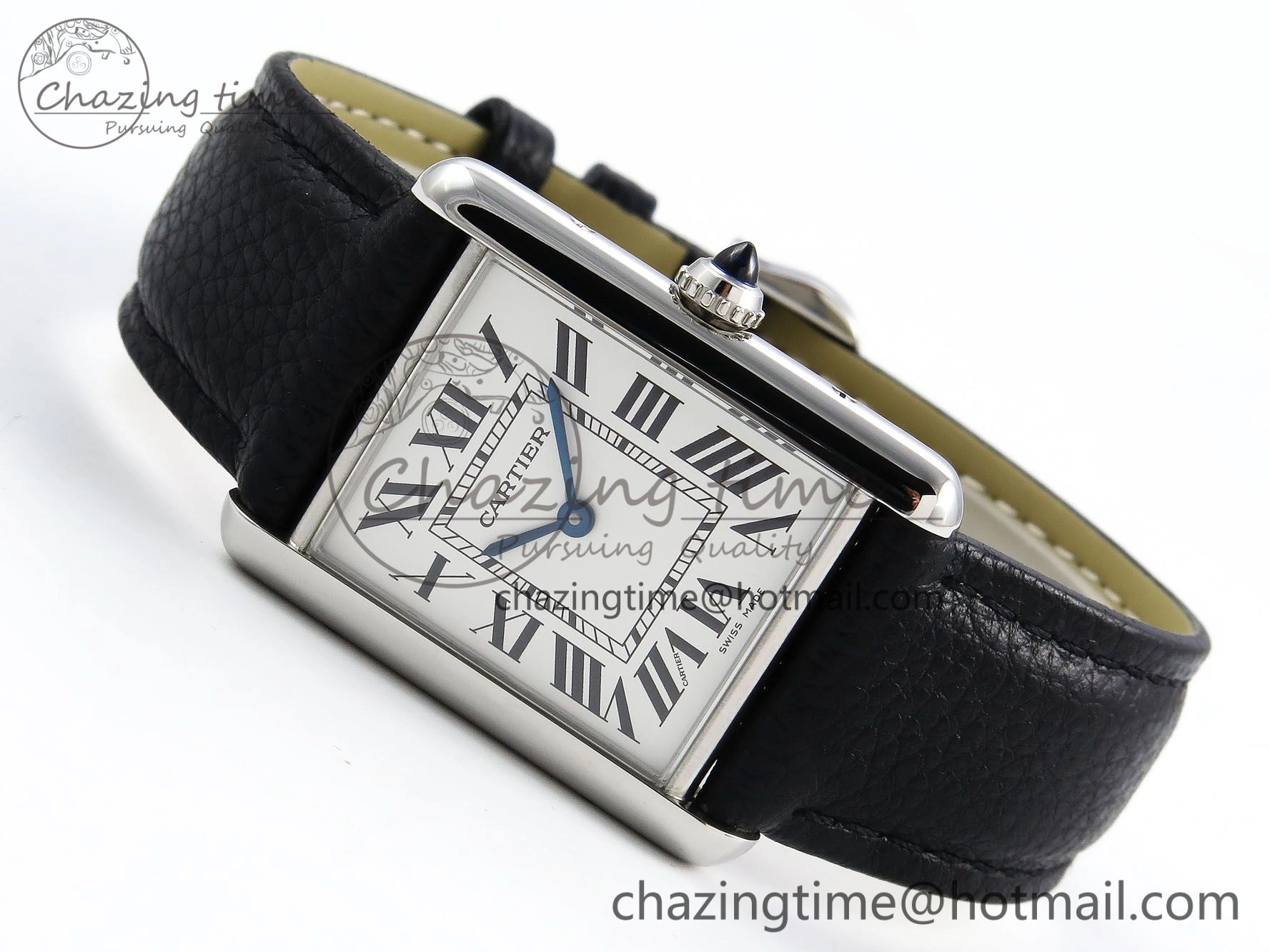 Tank Must Large SS 33.7mm DRF 1:1 Best Edition White Dial on Black Leather Strap Swiss Quartz