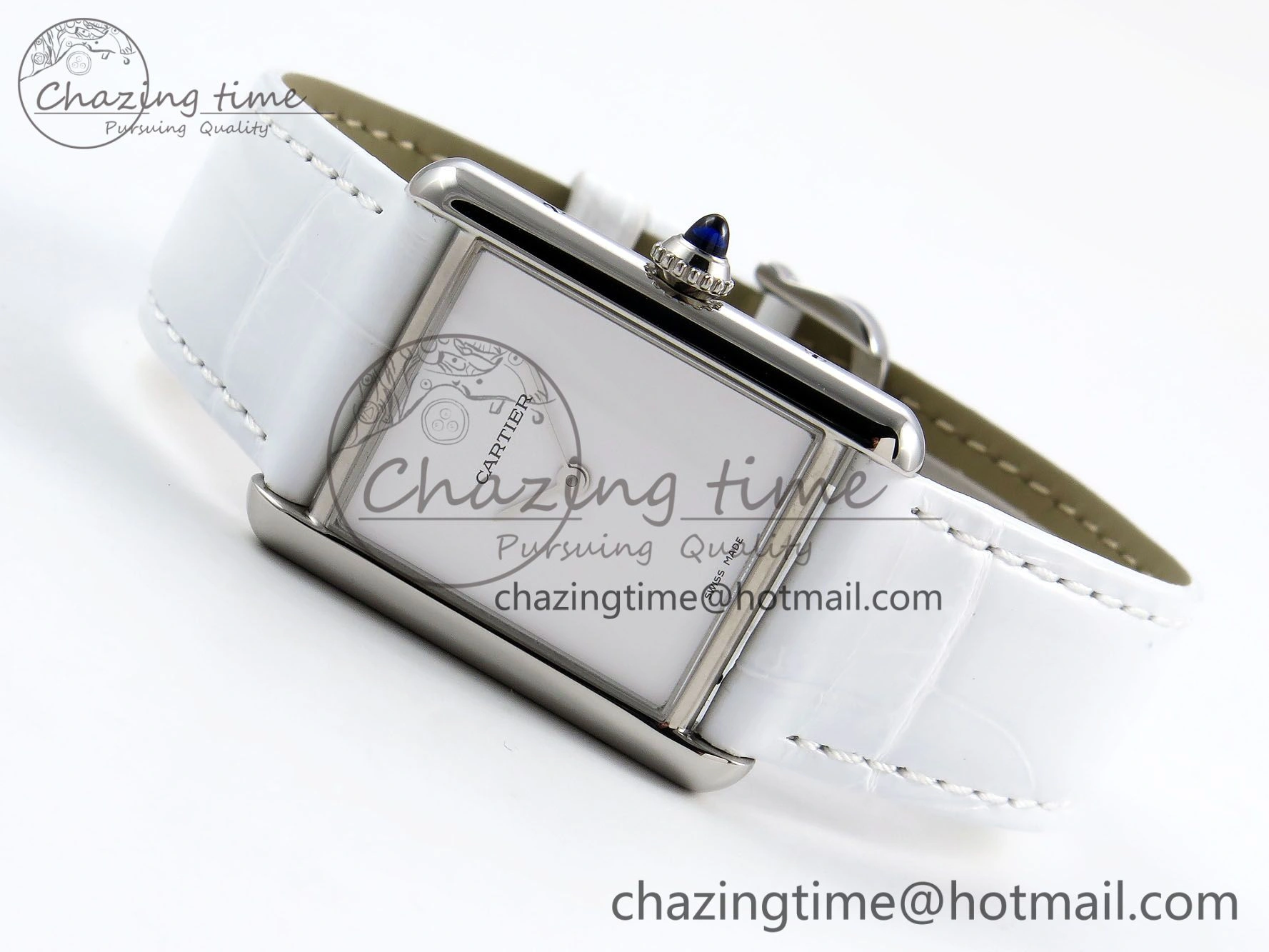 Tank Must Large SS 33.7mm DRF 1:1 Best Edition White Dial on White Leather Strap Swiss Quartz