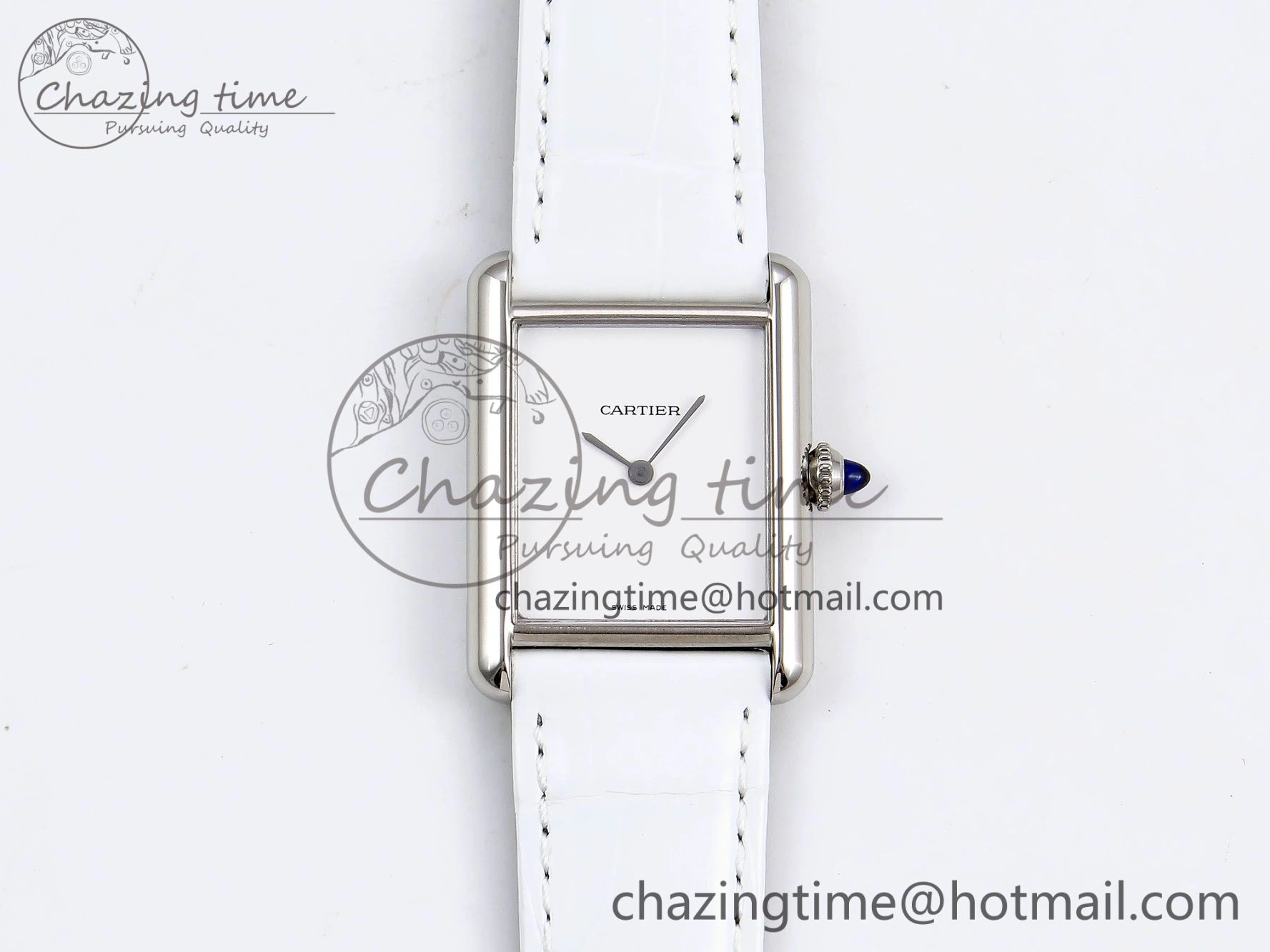 Tank Must Large SS 33.7mm DRF 1:1 Best Edition White Dial on White Leather Strap Swiss Quartz