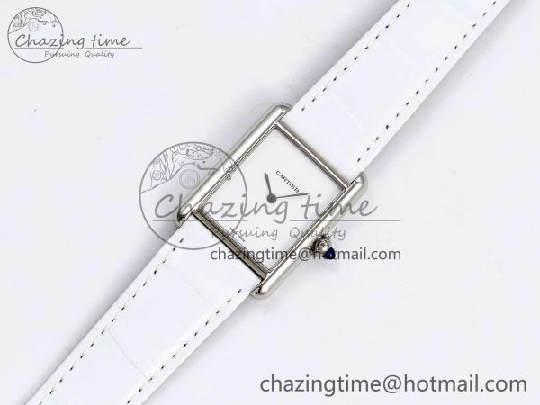 Tank Must Large SS 33.7mm DRF 1:1 Best Edition White Dial on White Leather Strap Swiss Quartz