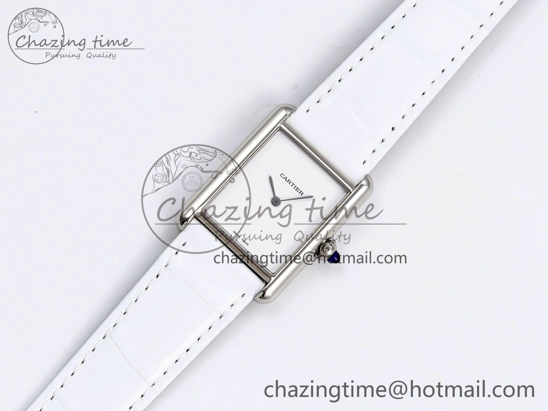 Tank Must Large SS 33.7mm DRF 1:1 Best Edition White Dial on White Leather Strap Swiss Quartz