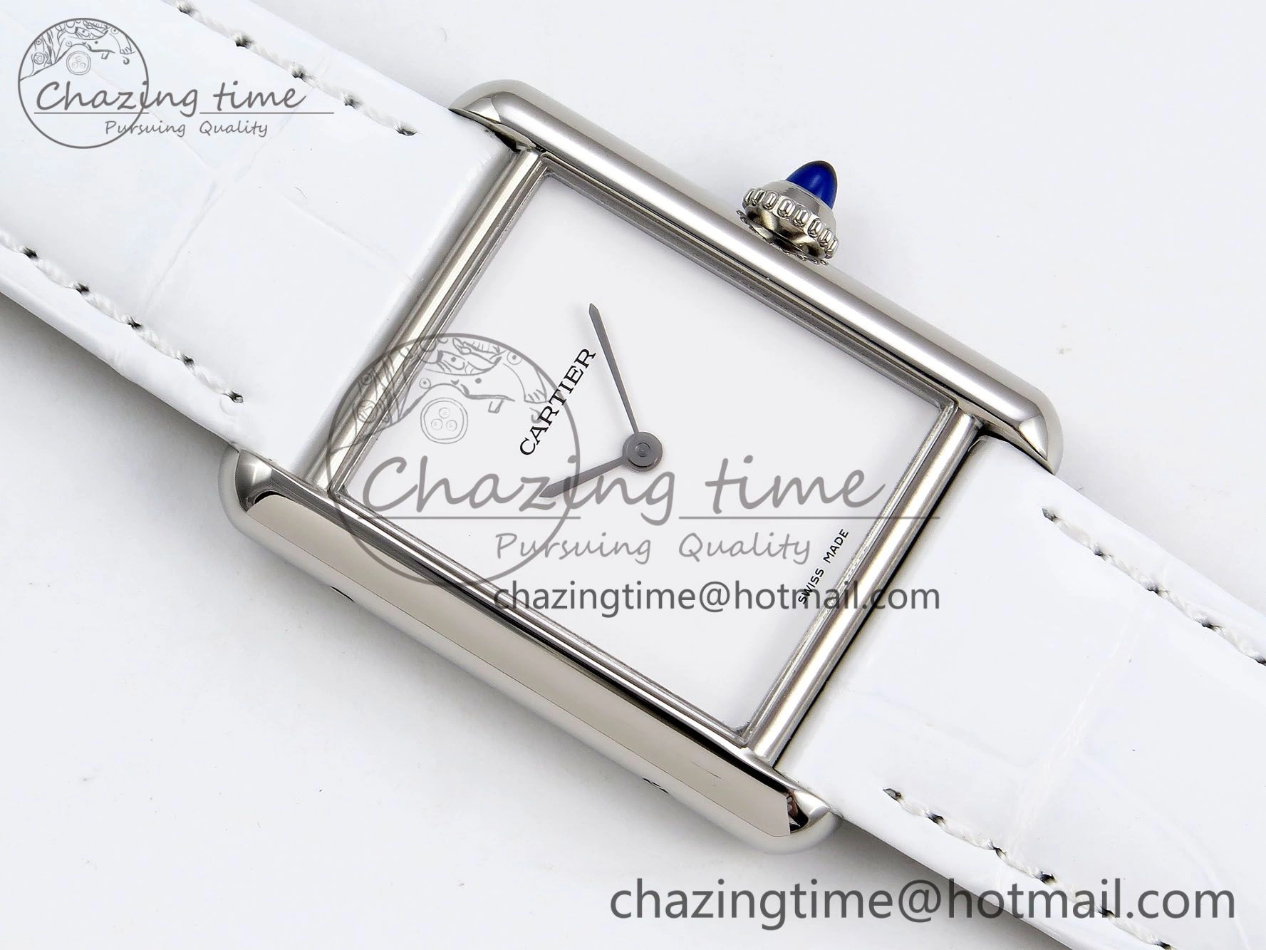 Tank Must Large SS 33.7mm DRF 1:1 Best Edition White Dial on White Leather Strap Swiss Quartz