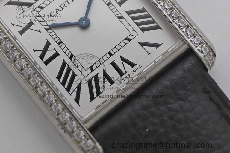 Tank Must Large SS K11F 1:1 Best Edition White Dial Diamonds Bezel on Black Leather Strap Ronda Quartz