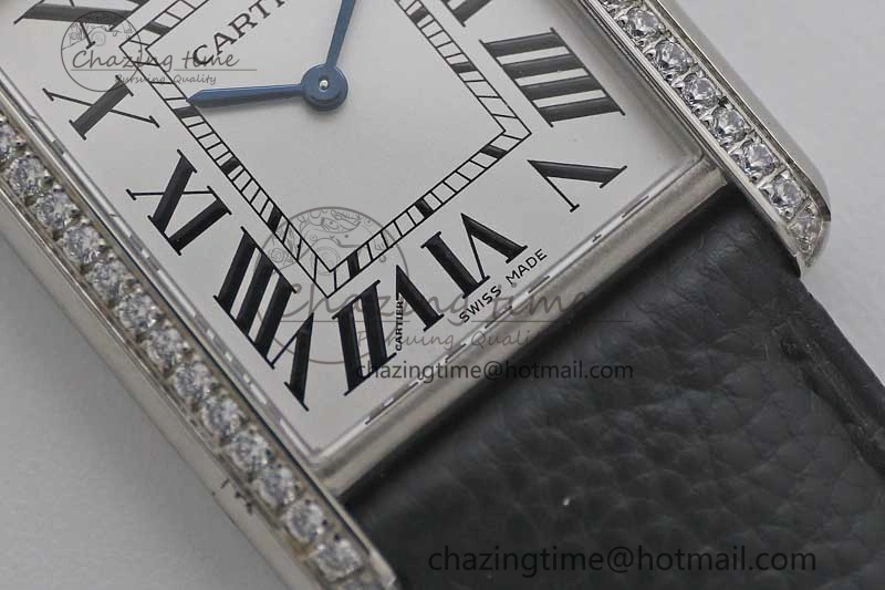 Tank Must Large SS K11F 1:1 Best Edition White Dial Diamonds Bezel on Black Leather Strap Ronda Quartz