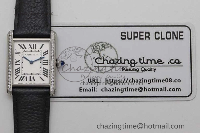 Tank Must Large SS K11F 1:1 Best Edition White Dial Diamonds Bezel on Black Leather Strap Ronda Quartz