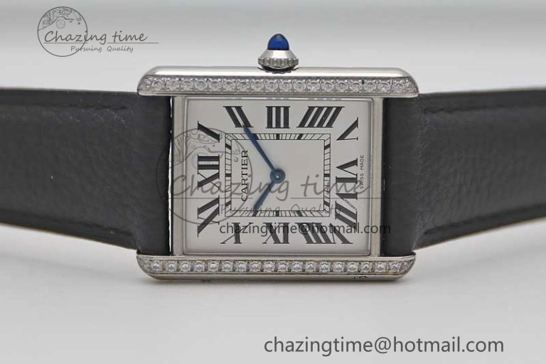 Tank Must Large SS K11F 1:1 Best Edition White Dial Diamonds Bezel on Black Leather Strap Ronda Quartz