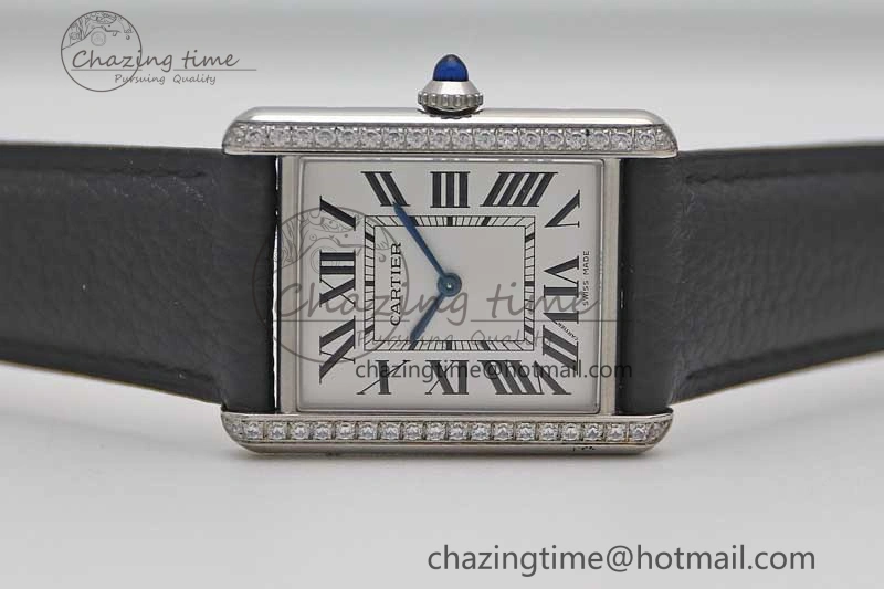 Tank Must Large SS K11F 1:1 Best Edition White Dial Diamonds Bezel on Black Leather Strap Ronda Quartz