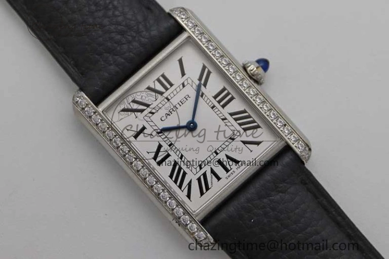 Tank Must Large SS K11F 1:1 Best Edition White Dial Diamonds Bezel on Black Leather Strap Ronda Quartz