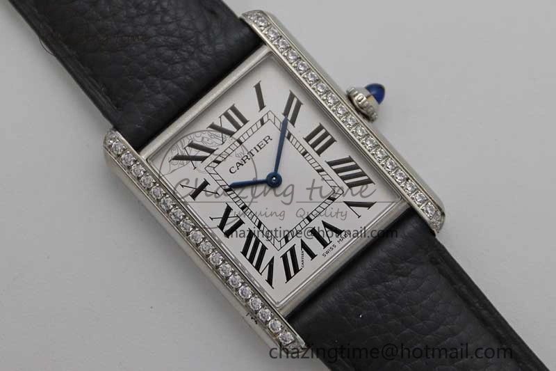 Tank Must Large SS K11F 1:1 Best Edition White Dial Diamonds Bezel on Black Leather Strap Ronda Quartz