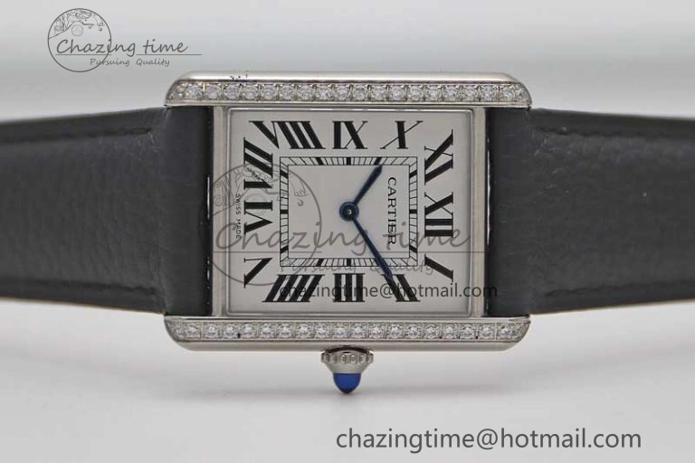 Tank Must Large SS K11F 1:1 Best Edition White Dial Diamonds Bezel on Black Leather Strap Ronda Quartz