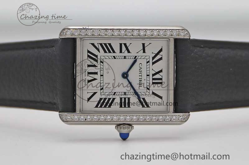 Tank Must Large SS K11F 1:1 Best Edition White Dial Diamonds Bezel on Black Leather Strap Ronda Quartz