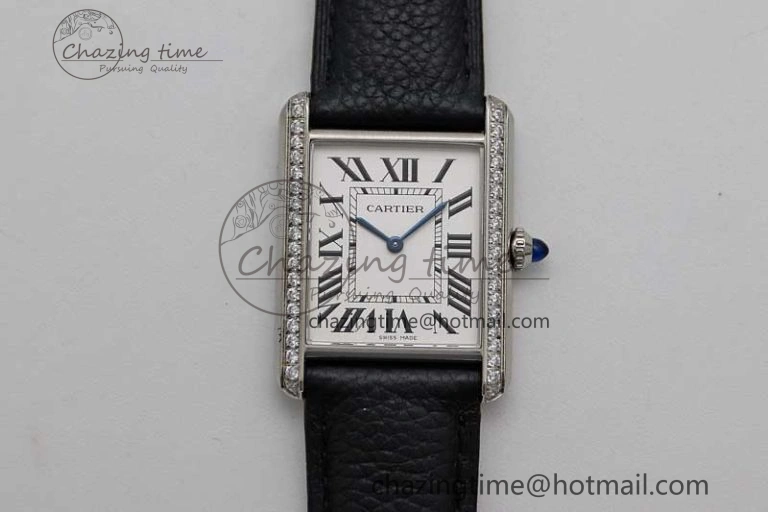 Tank Must Large SS K11F 1:1 Best Edition White Dial Diamonds Bezel on Black Leather Strap Ronda Quartz