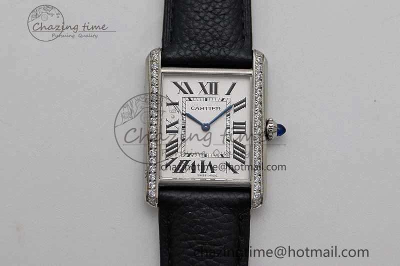 Tank Must Large SS K11F 1:1 Best Edition White Dial Diamonds Bezel on Black Leather Strap Ronda Quartz