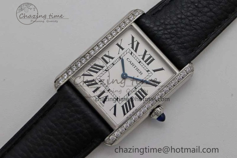 Tank Must Large SS K11F 1:1 Best Edition White Dial Diamonds Bezel on Black Leather Strap Ronda Quartz