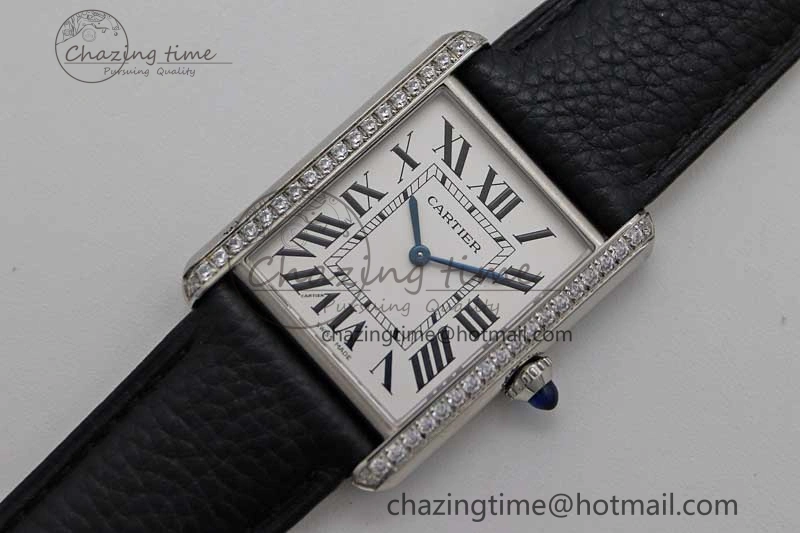 Tank Must Large SS K11F 1:1 Best Edition White Dial Diamonds Bezel on Black Leather Strap Ronda Quartz
