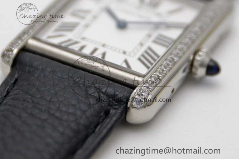 Tank Must Large SS K11F 1:1 Best Edition White Dial Diamonds Bezel on Black Leather Strap Ronda Quartz